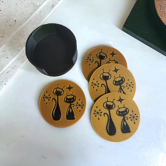 Mid Century Modern Space Age Cats Coasters For Bar Kitchen Room Retro Decor Gold - Picture 9 of 10